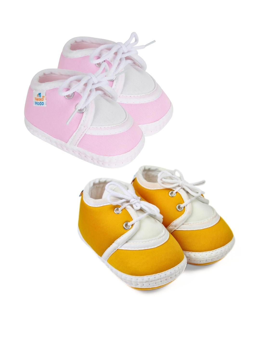 Neska Moda Newborn Baby 3 To 12 Months 2 Pair Combo Skin Friendly Soft Cotton Lace Shoes Booties (Toe to Heel Length - 12 cm, Baby Pink, Turmeric)