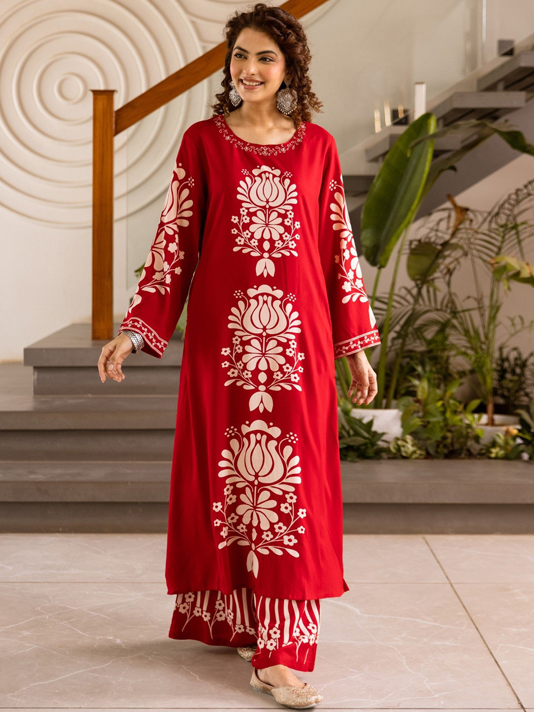 AUTUMN LANE Kabool Vermillion Floral Printed Pure Cotton Straight Kurta With Palazzo