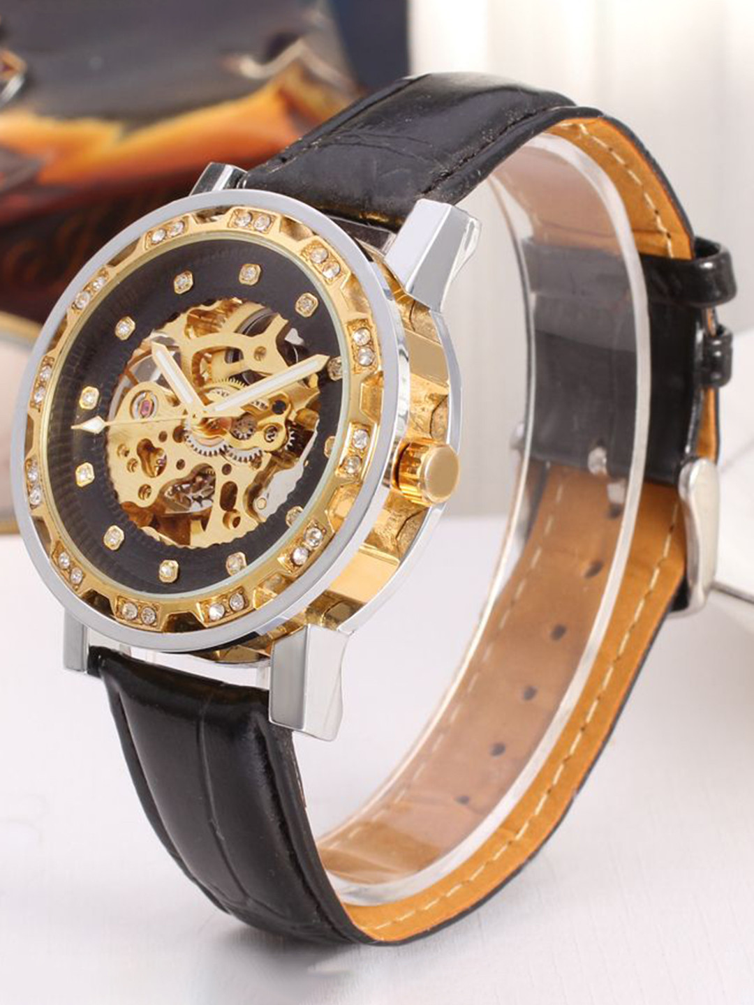 FORSINING Men Double Row Hollow Back Automatic Mechanical Watch With Leather Strap