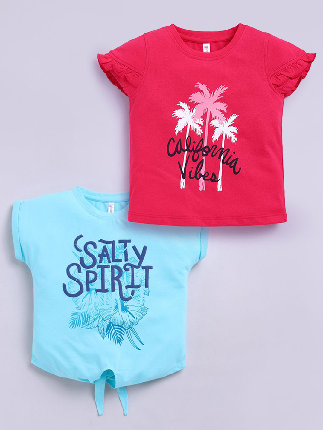giniekids Girl's Pack Of 2 Typography Printed Ruffles Cotton Cap Sleeves Cotton Top