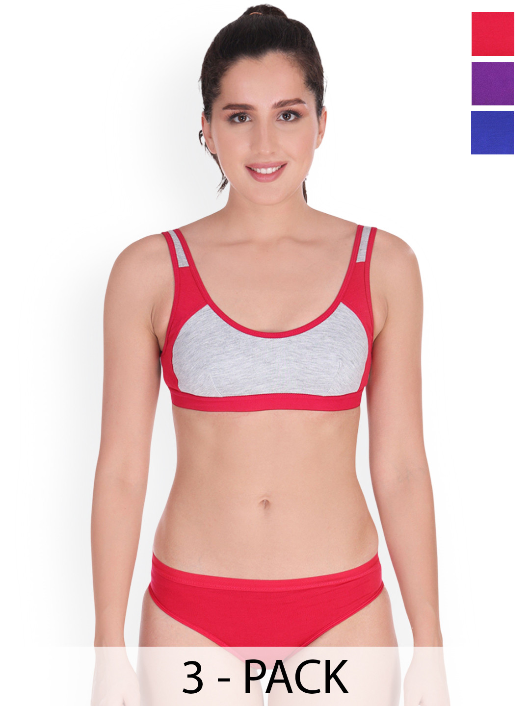 Samvar Pack Of 3 Colorblocked Cotton Non Padded Lingerie Sets B_SNYC-Set_B,P,Pu