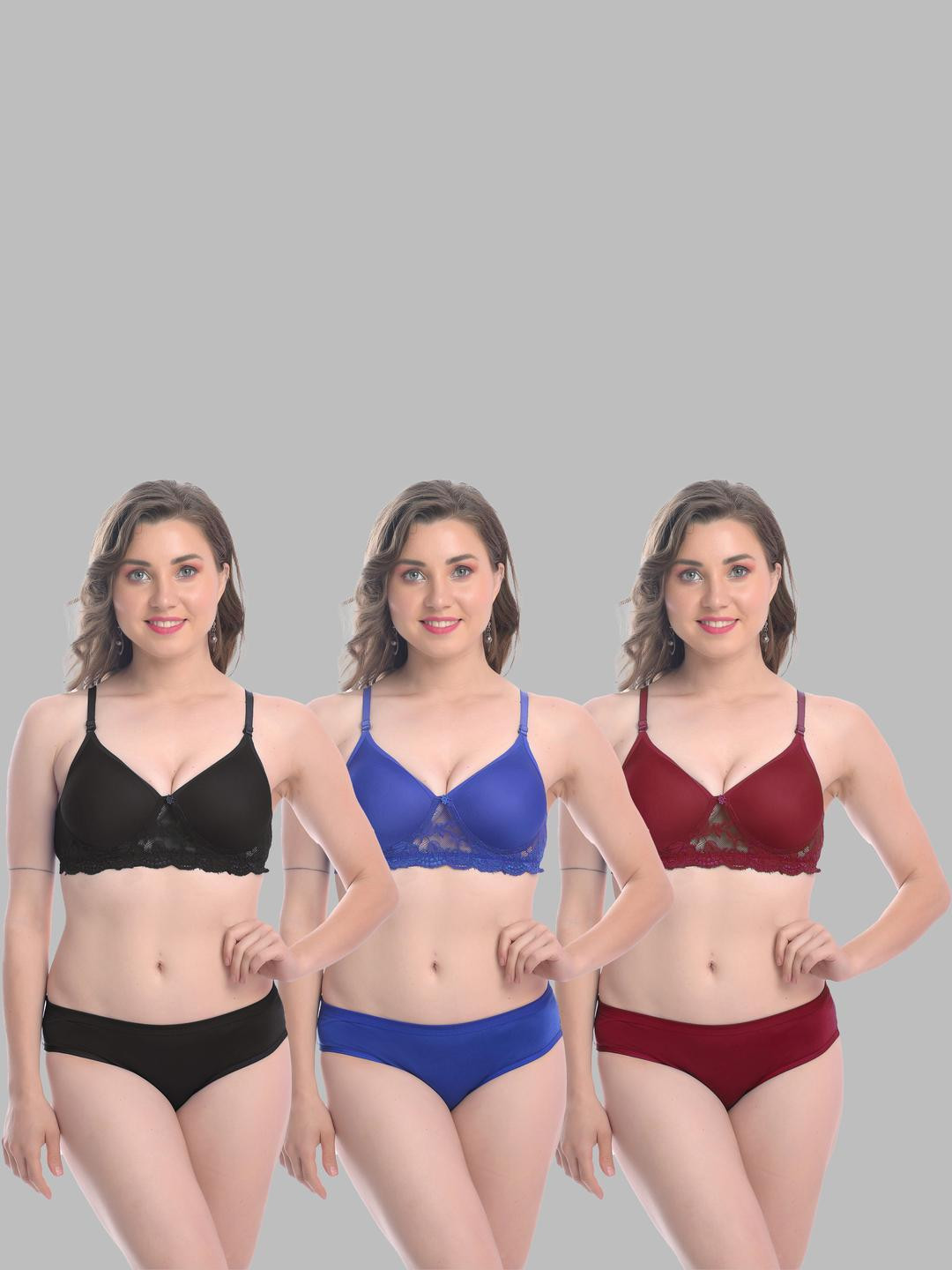 Women Black,Blue,Maroon Cotton Bra Panty Set for Lingerie Set Undergarments Pack of 3
