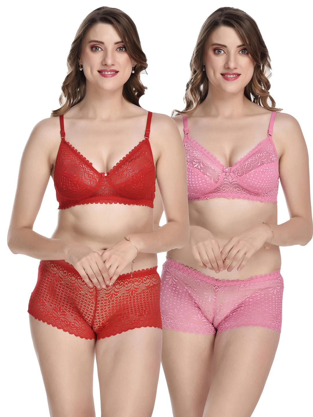 Women Red,Orange Net Bra Panty Set for Lingerie Set Undergarments Pack of 2