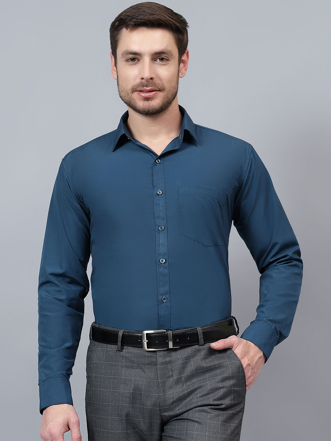 SWAZ Men Peacock Blue  Slim Fit Solid Spread Collar Formal Shirt