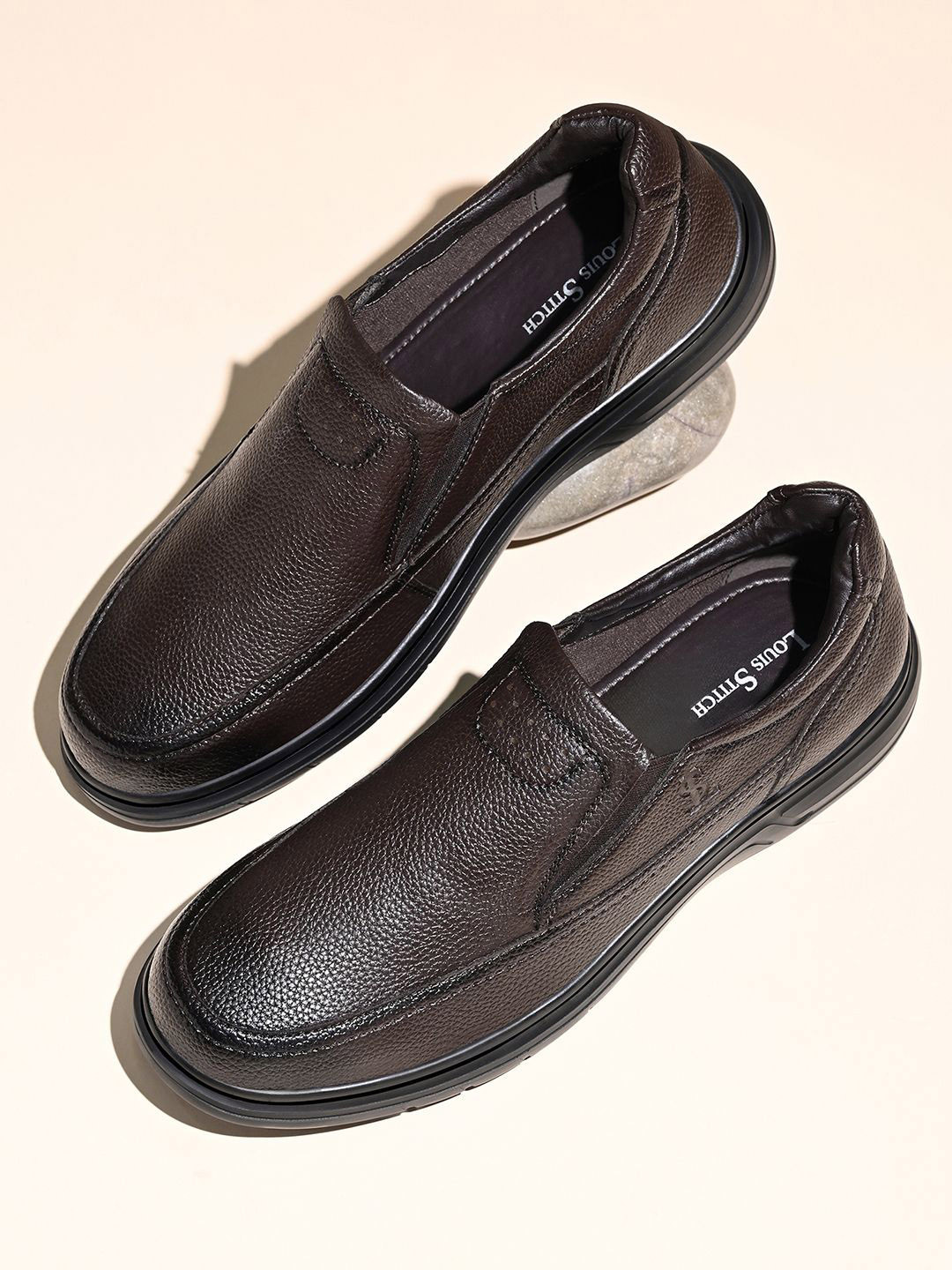 LOUIS STITCH Men Brunette Brown Milled Lightweight Slip-On Moccasin