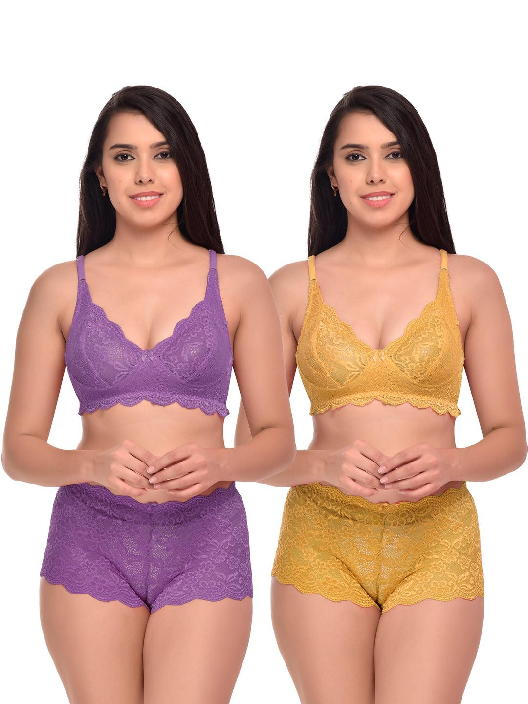 Women Purple,Yellow Net Bra Panty Set for Lingerie Set Undergarments Pack of 2