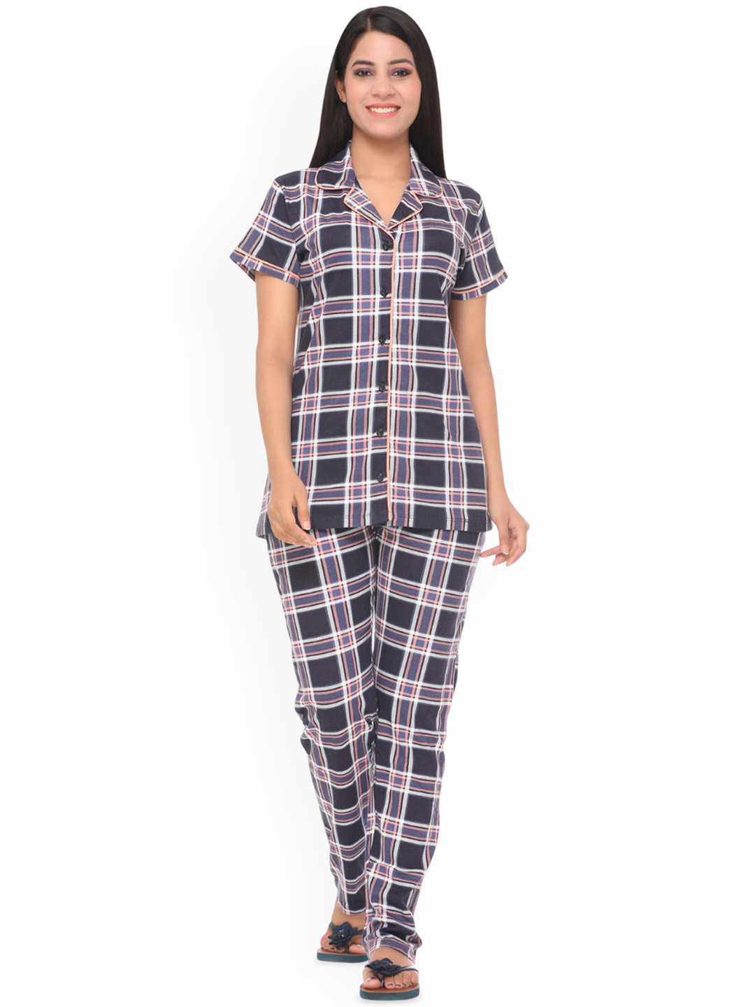 WOOL 4U PINKLUSH Women Checked Lapel Collar Night Suit