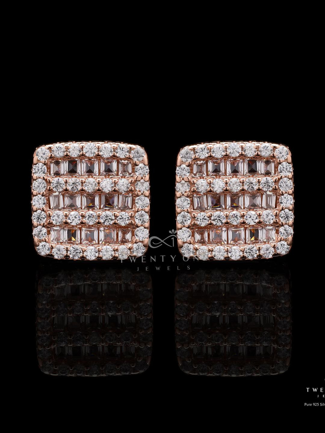 Rose Gold Alyona Studs with Diamond Baguette on 925 Silver