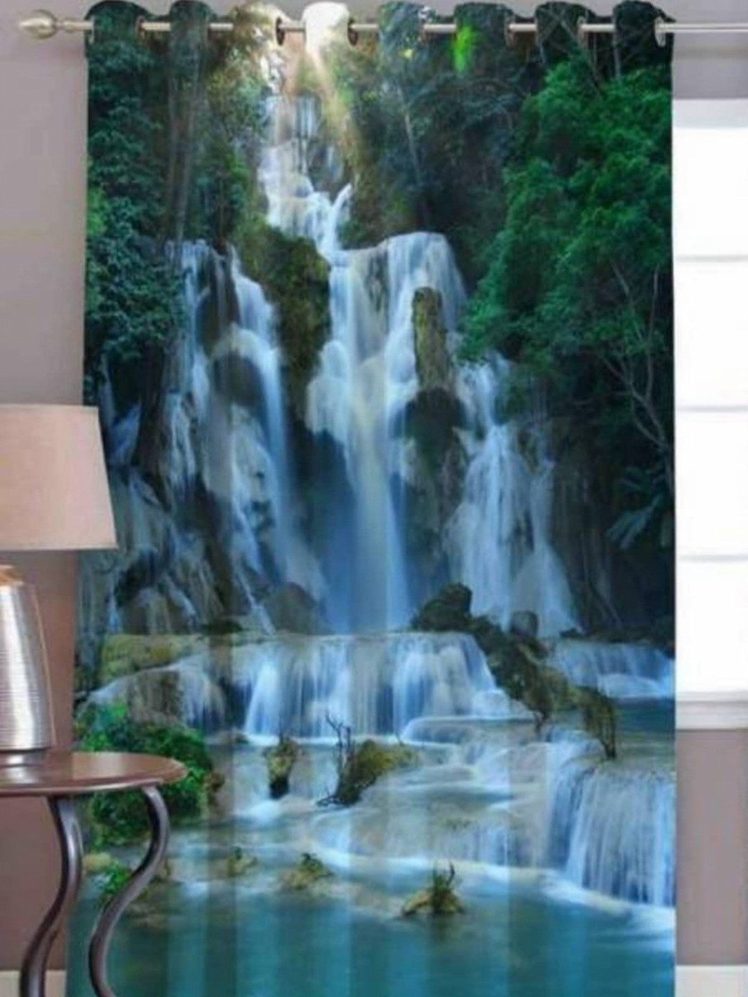 BELLA TRUE Blue & Green Abstract Printed Ripple Fold Door Curtain