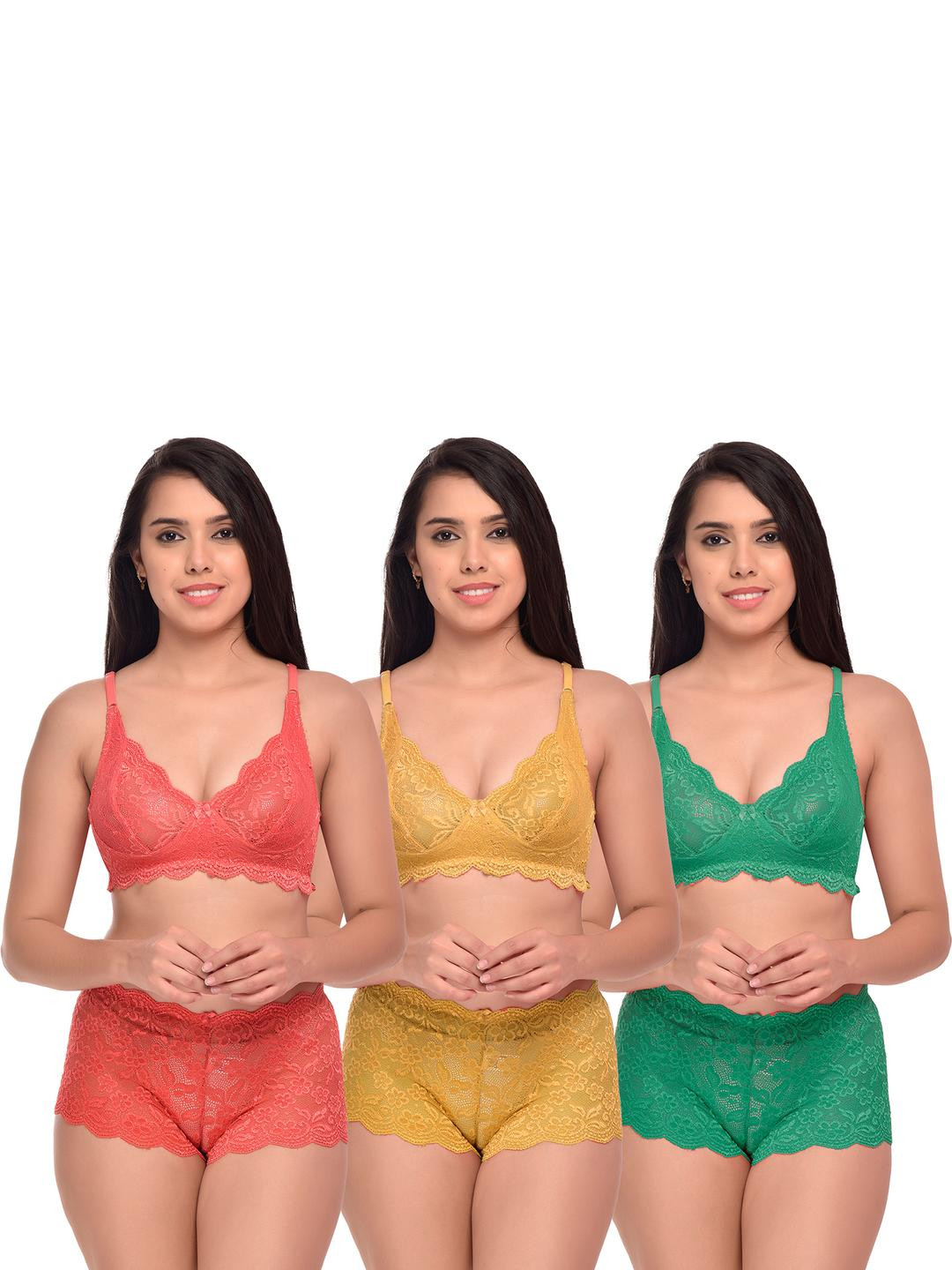 Women Red,Yellow,Green Net Bra Panty Set for Lingerie Set Undergarments Pack of 3