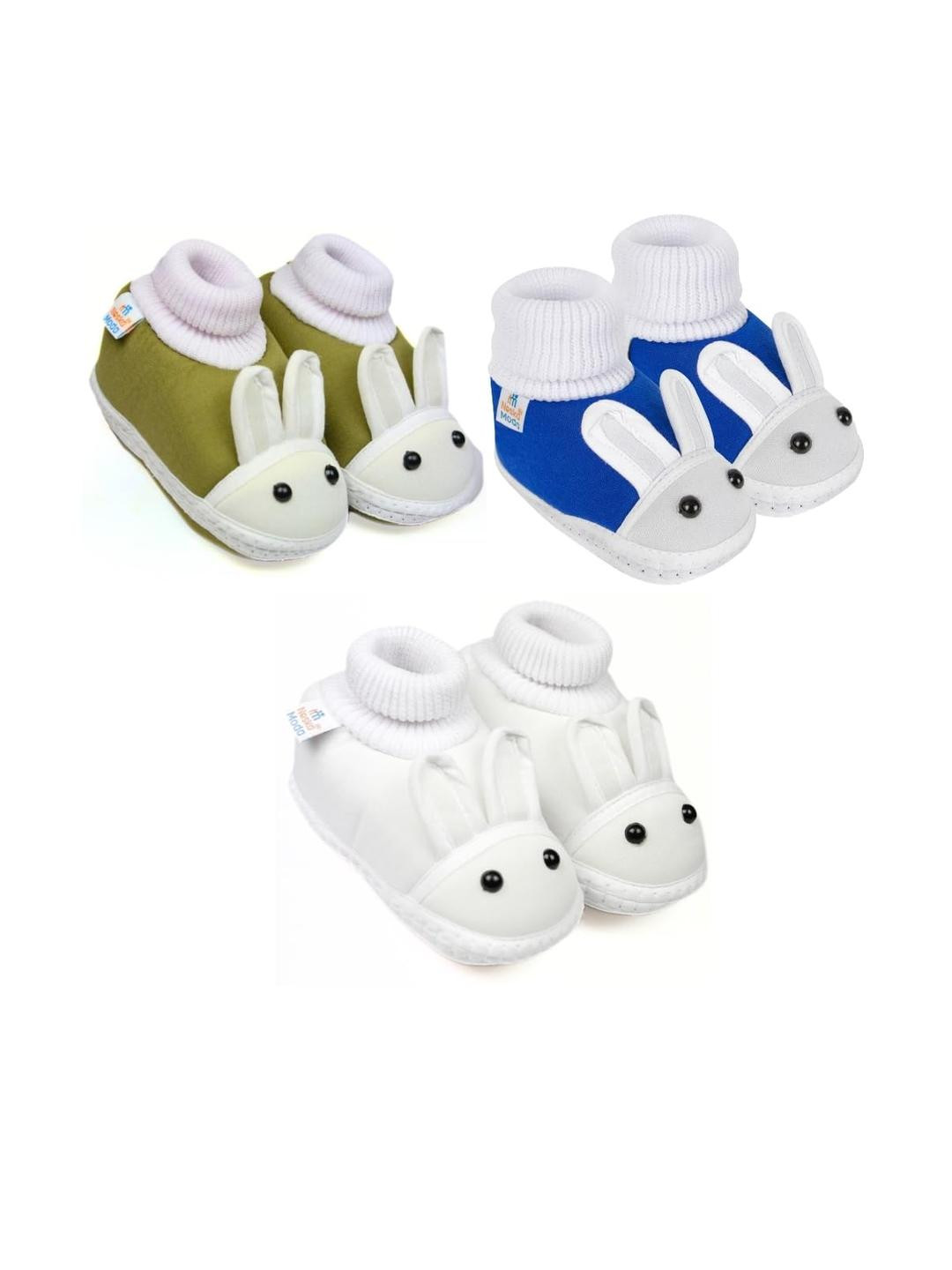 Neska Moda 6 To 12 Months Baby Boys & Baby Girls 3 Pair Combo Pack Cute Soft Cotton Rabbit Booties (Toe to Heel Length - 12 cm, Mehndi, White, Blue)