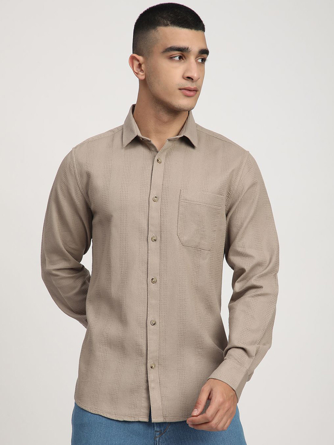 R&B Cutaway Collar Roll-Up Sleeves Pure Cotton Shirt