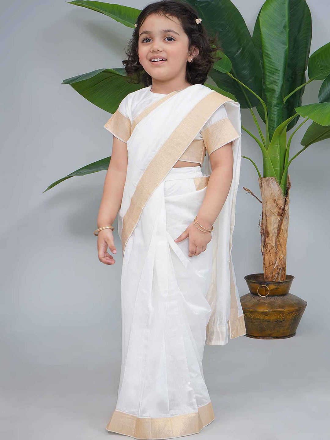 Little Bansi Girls Chanderi Silk South Indian Blouse with Golden Zari Onam Saree