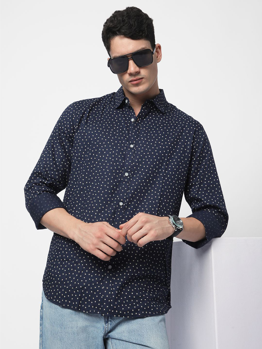 R&B Men Micro Ditsy Printed Spread Collar Regular Fit Cotton Casual Shirt