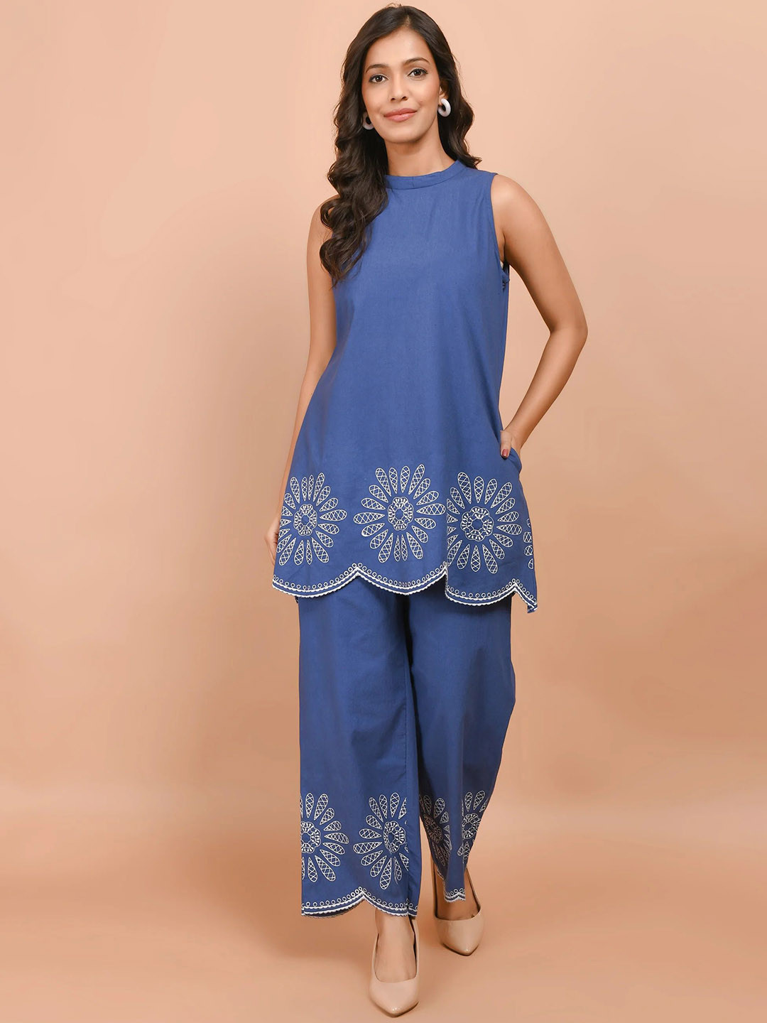 AUTUMN LANE Pawan indi Embroidered Pure Cotton Round Neck Tunic With Trousers Co-Ords Set