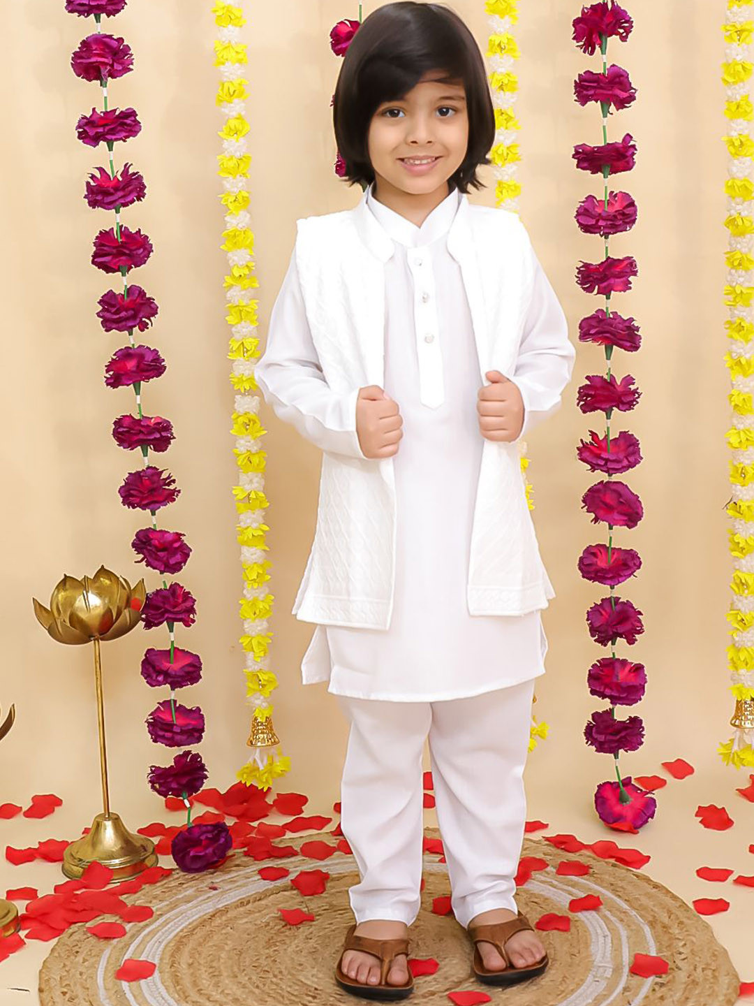 BownBee Boys Floral Embroidered Pure Cotton Kurta With Pyjama & Chikakari Jacket