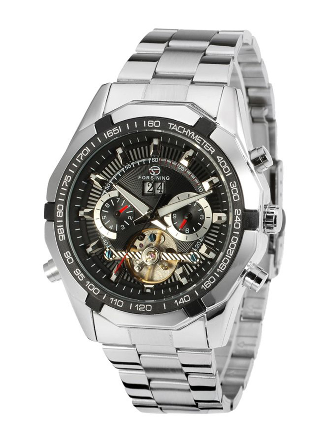 FORSINING Men Automatic Waterproof Watch with Moon Phase & Leather Strap