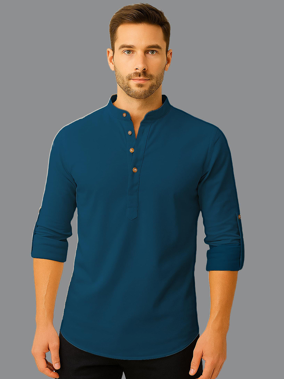 Vida Loca Band Collar Roll-Up Sleeves Cotton Straight Kurta