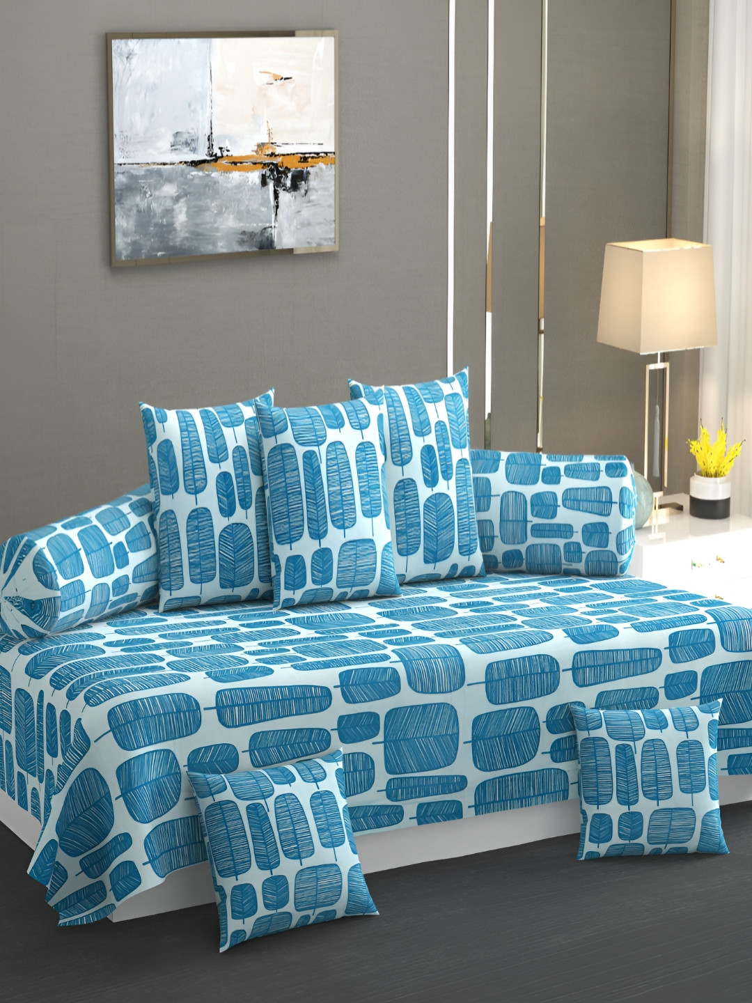 AMRANGE 8Pcs Blue & White Geometric Printed Diwan Set