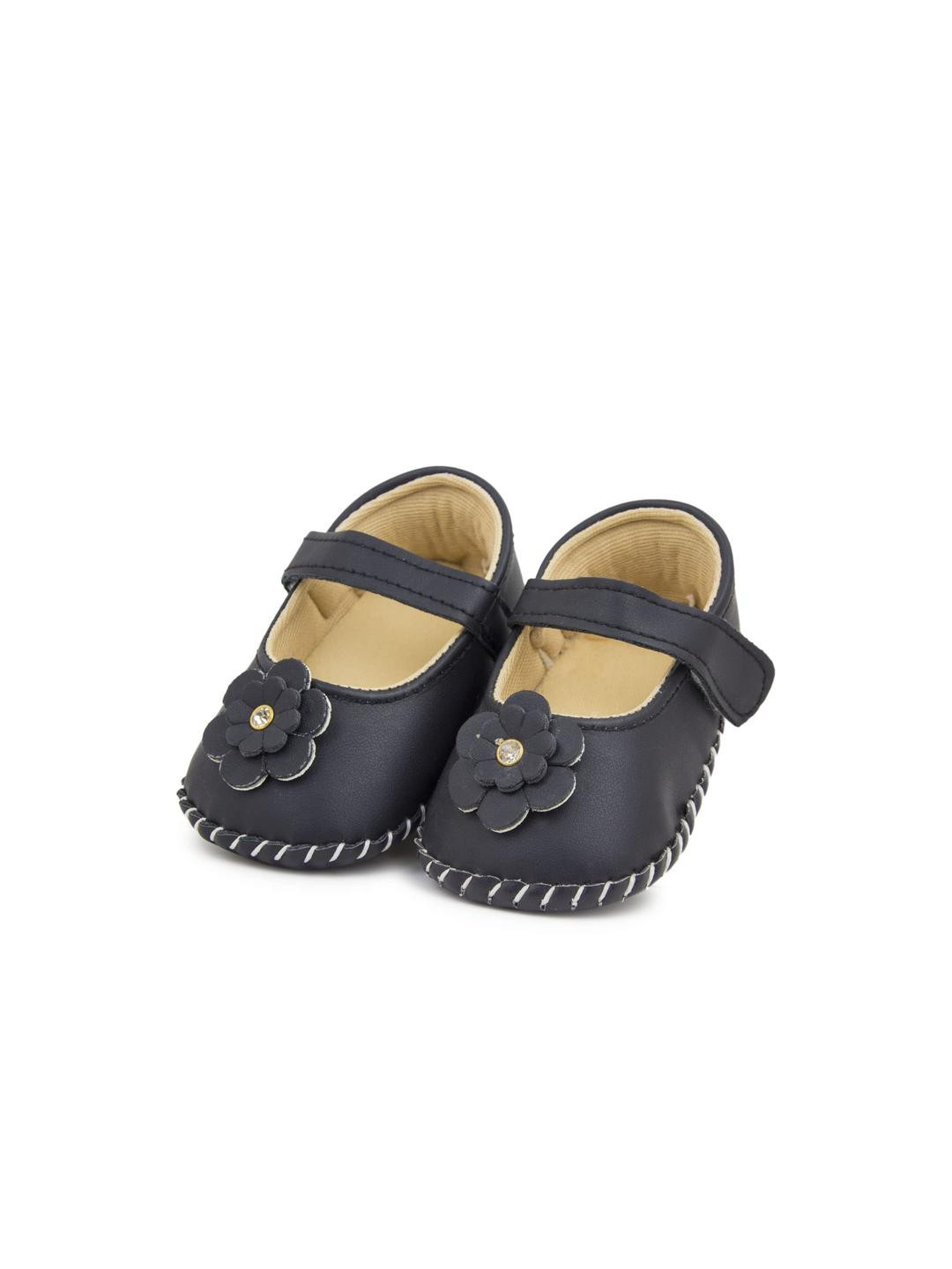 Neska Moda 6 To 12 Months Baby Girls Belly Shoe Fancy Partywear Floral Velcro Sandal Booties (Toe to Heel Length - 12 cm, Black)