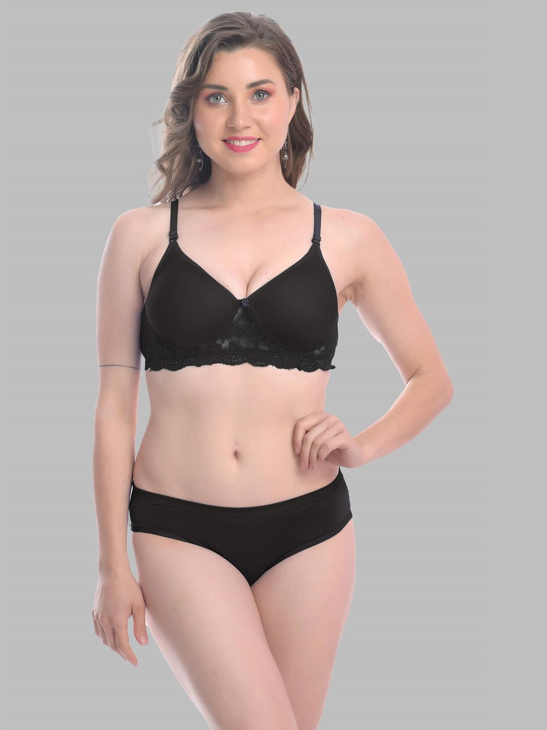 Women Black Cotton Bra Panty Set for Lingerie Set Undergarments Pack of 1