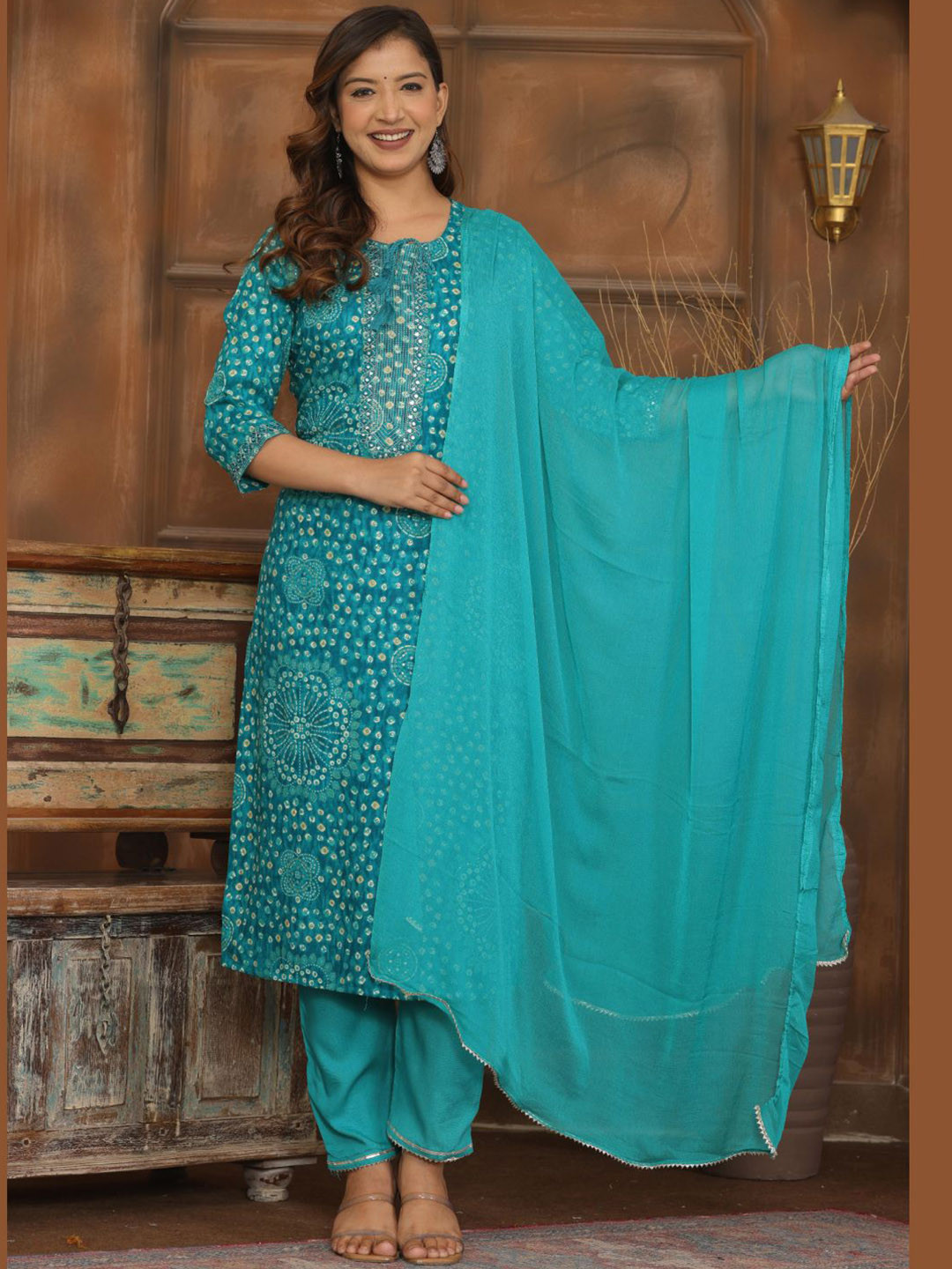 Sindh Fashion Bandhani Printed Tie-Up Neck Mirror Work Kurta With Trousers & Dupatta