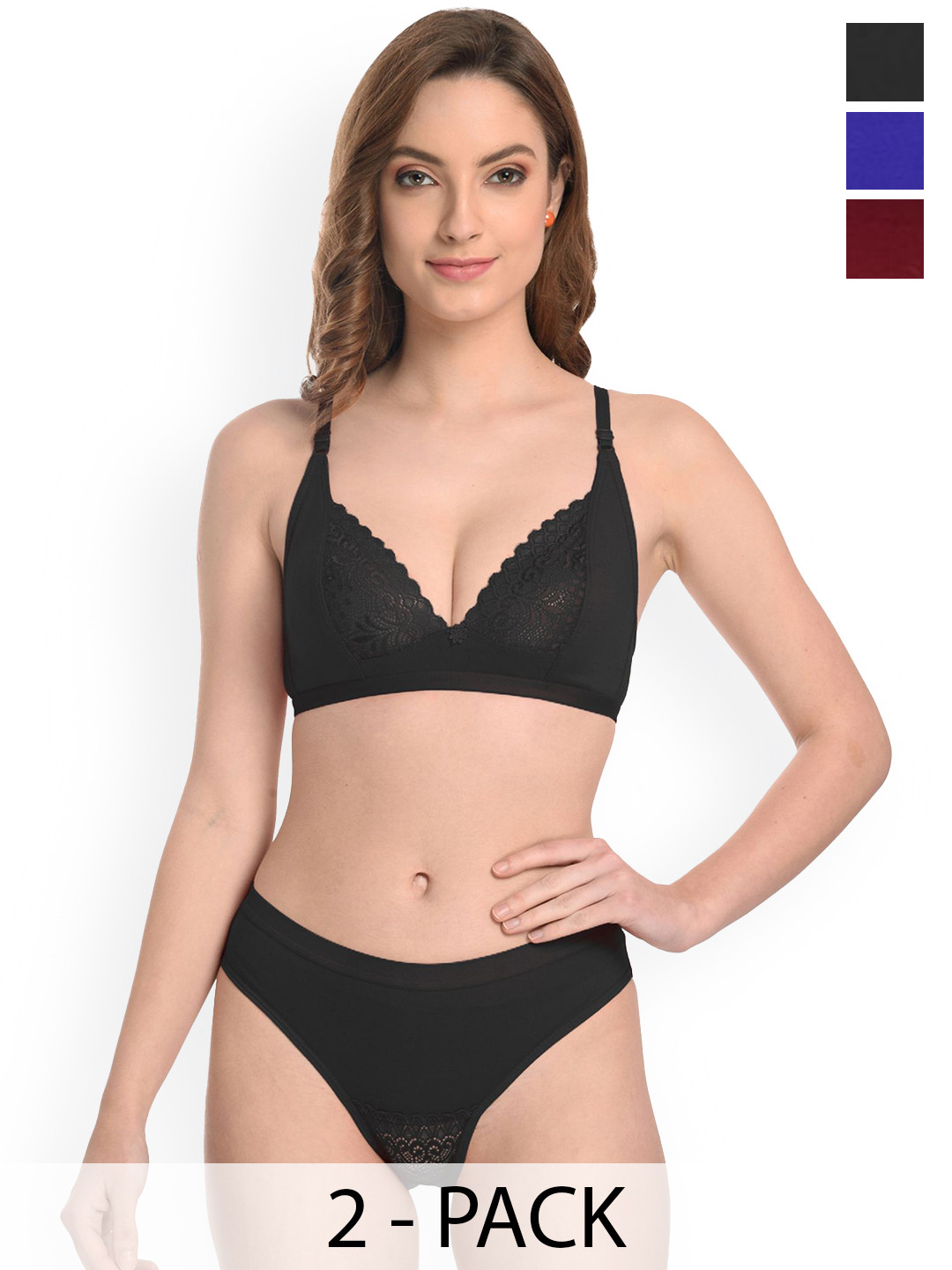 Samvar Pack Of 3 Self Design Non Padded Lingerie Sets A-Yani Set_B,Bl,M