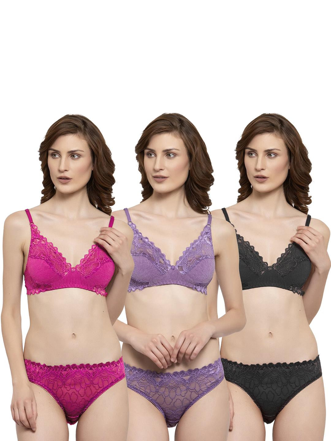 Women Pink,Purple,Black Net Bra Panty Set for Lingerie Set Undergarments Pack of 3