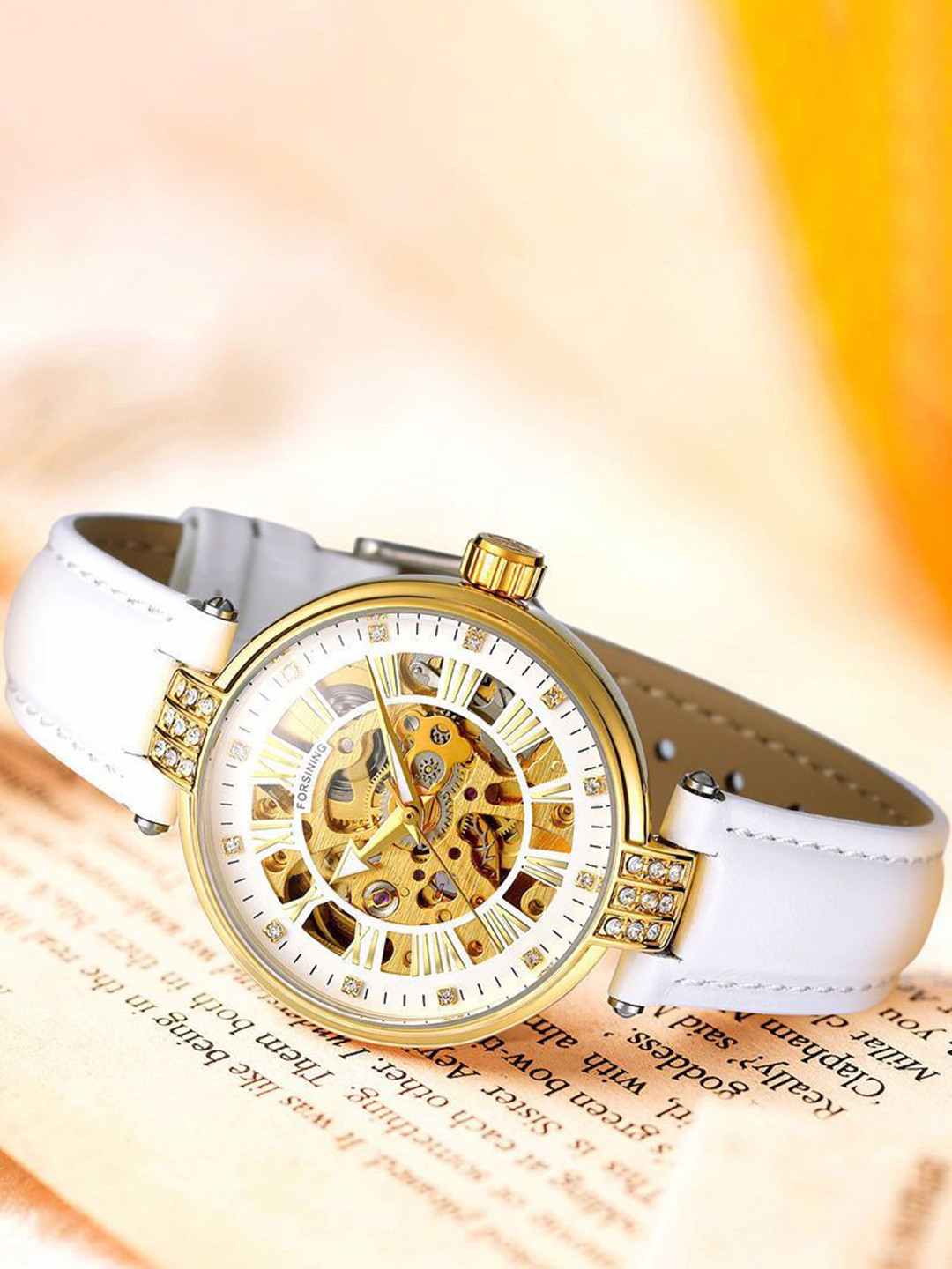 FORSINING Women Automatic Movement Analog Skeleton Dial Watch with Leather Strap