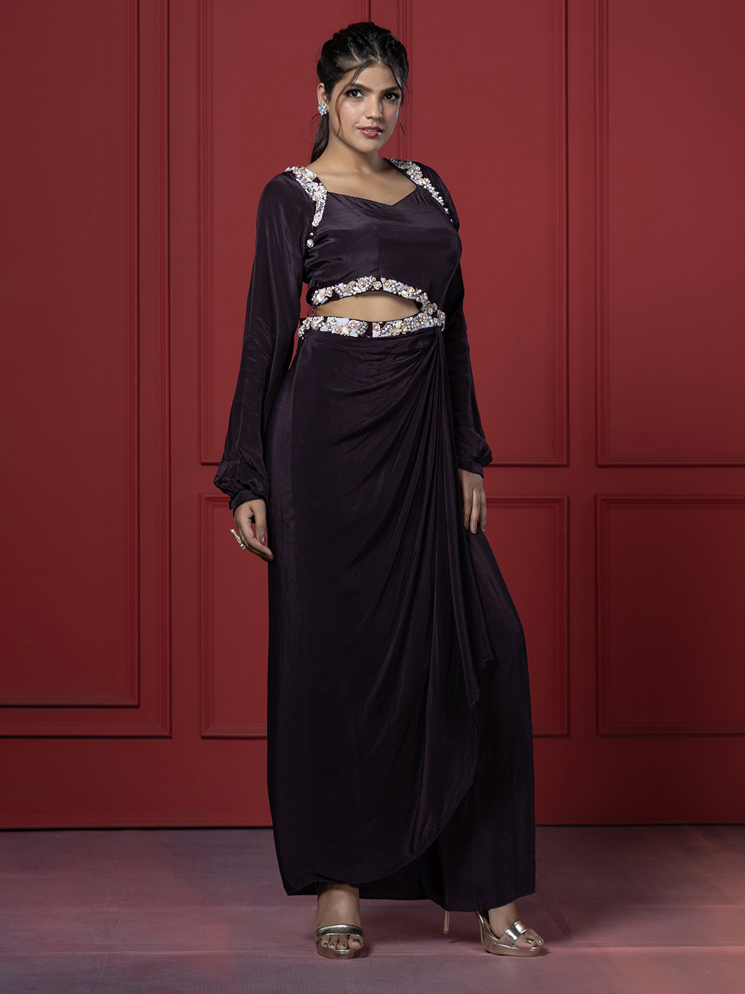 GloballyRonakRBafna Women Sweetheart Neck Embellished Wrap Maxi Dress With Cut Out Details