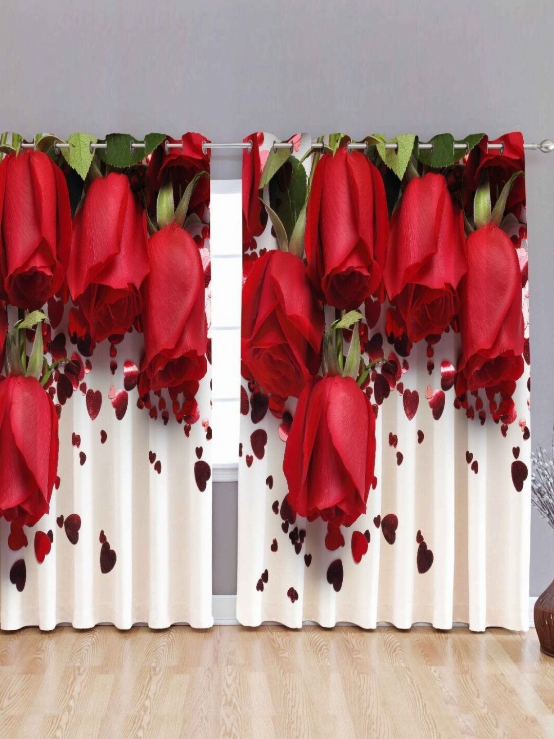 BELLA TRUE White And Pink 2 Pieces Floral Printed Regular Window Curtains