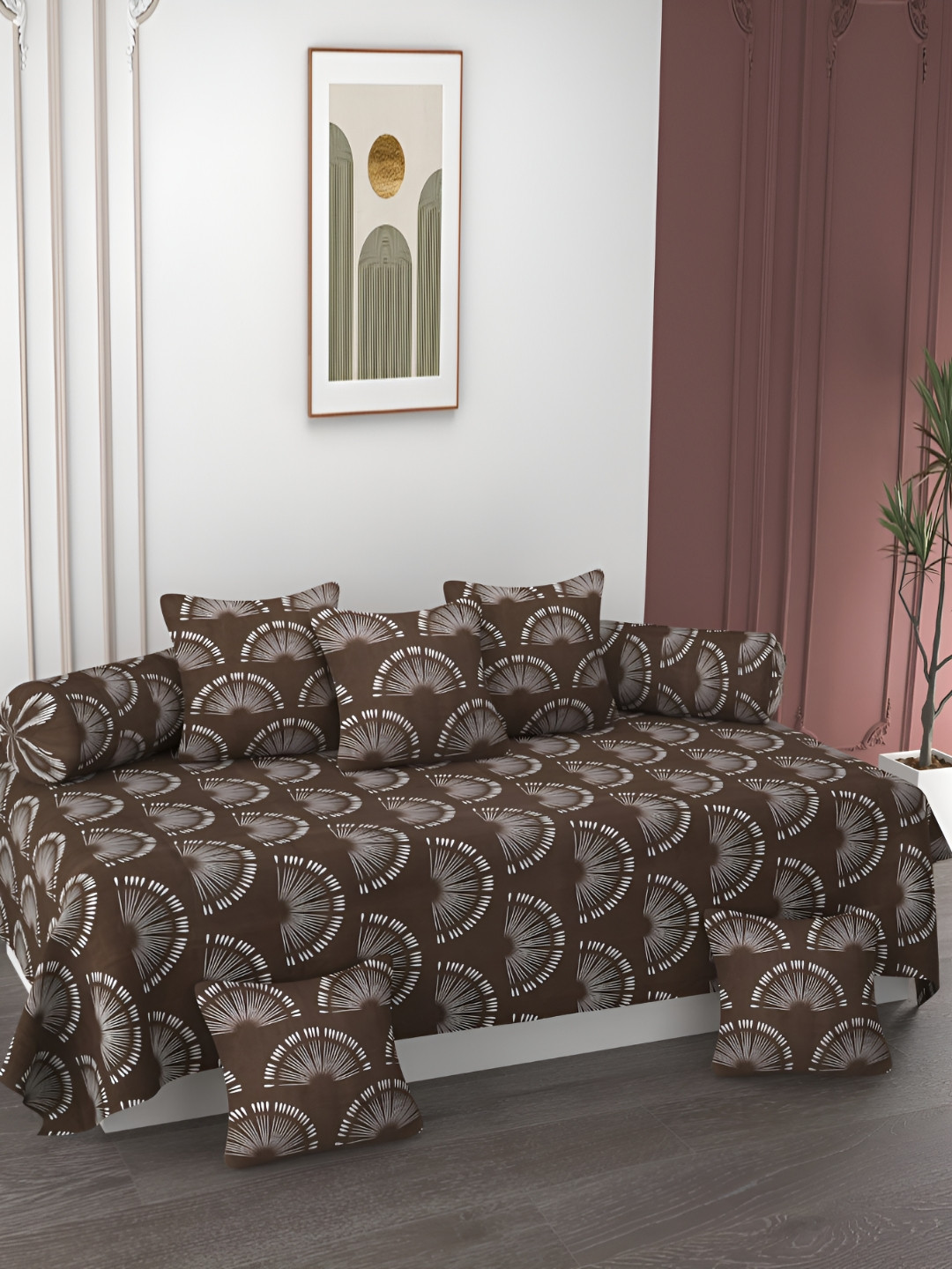 AMRANGE Brown & White 8 Pieces Floral Printed Bedsheet with Bolster and Cushion Covers