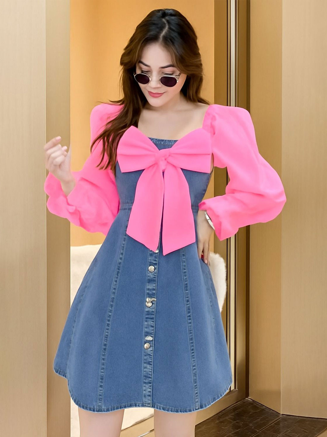 TIARA WORLD Girls Round Neck Puff Sleeve Denim A-Line Dress