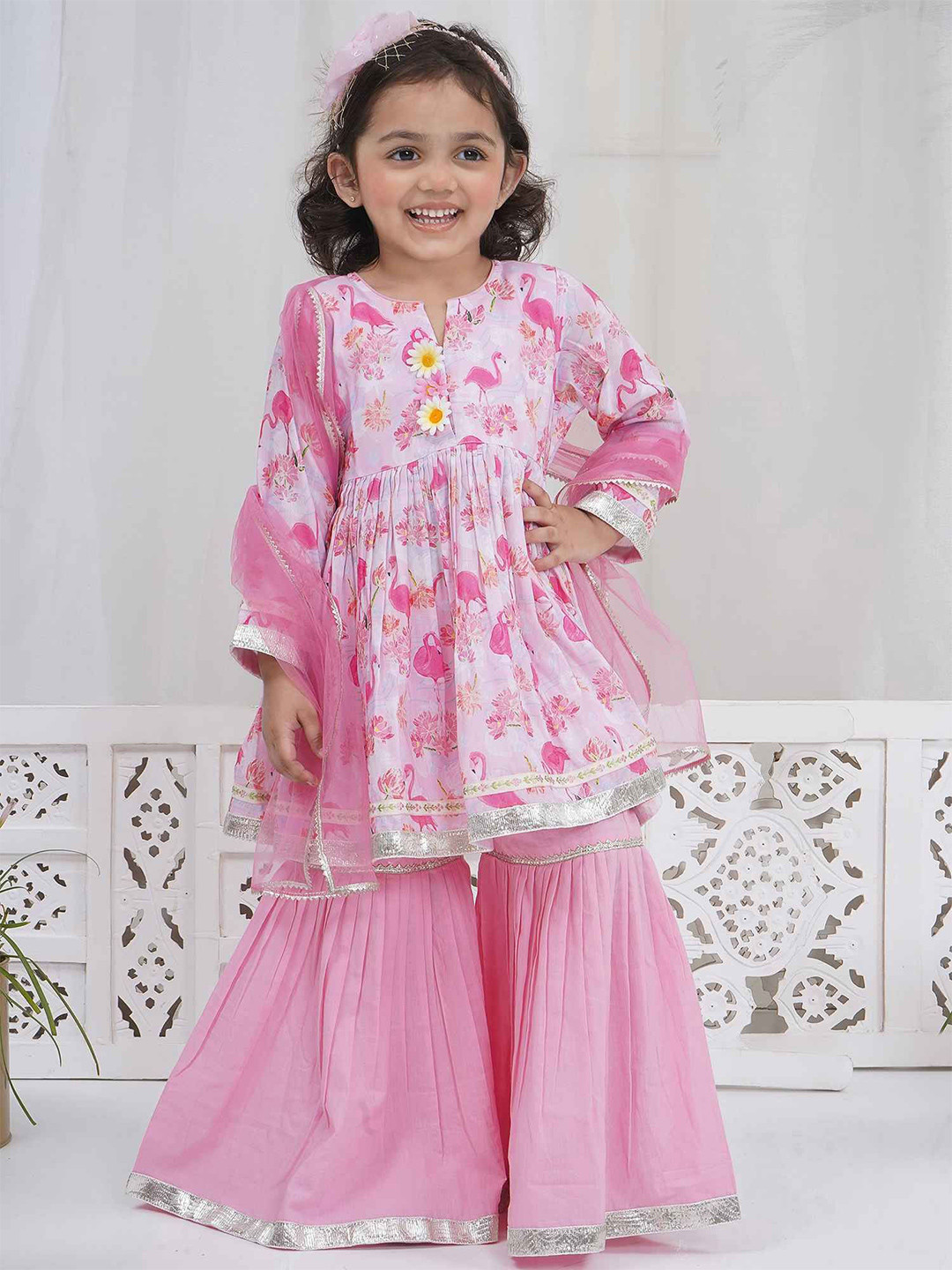 Little Bansi Girls Pink Floral Printed Cotton A-Line Kurta with Sharara & Dupatta Set