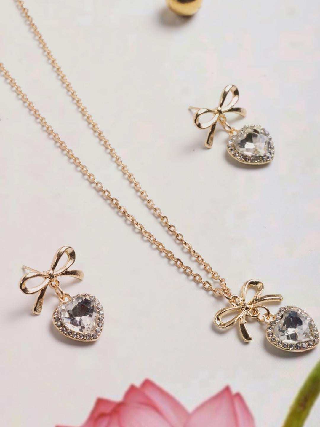 House of Nimriti Bow Heart Rhinestone Pendant Necklace & Earrings