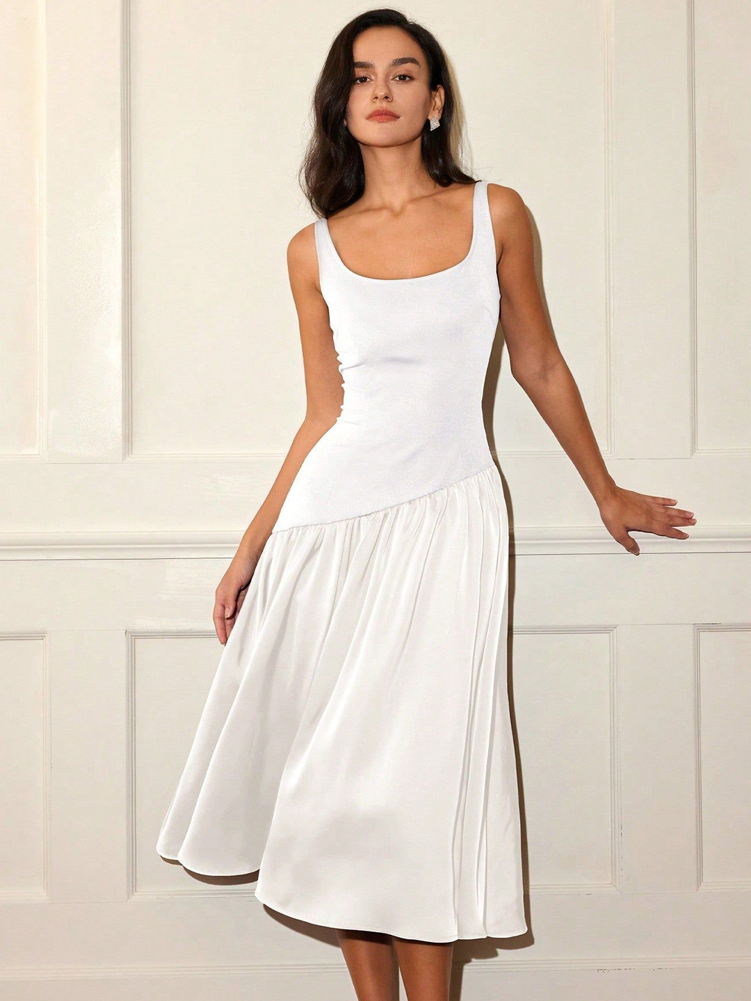 Outzidr Women Solid Fit & Flare Scoop Neck Midi Dress