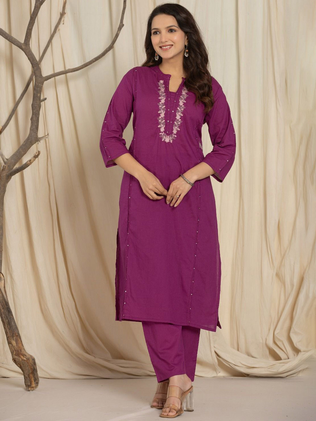 Samhitas Rajwada Floral Yoke Design Mandarin Collar Thread Work Straight Kurta & Trouser