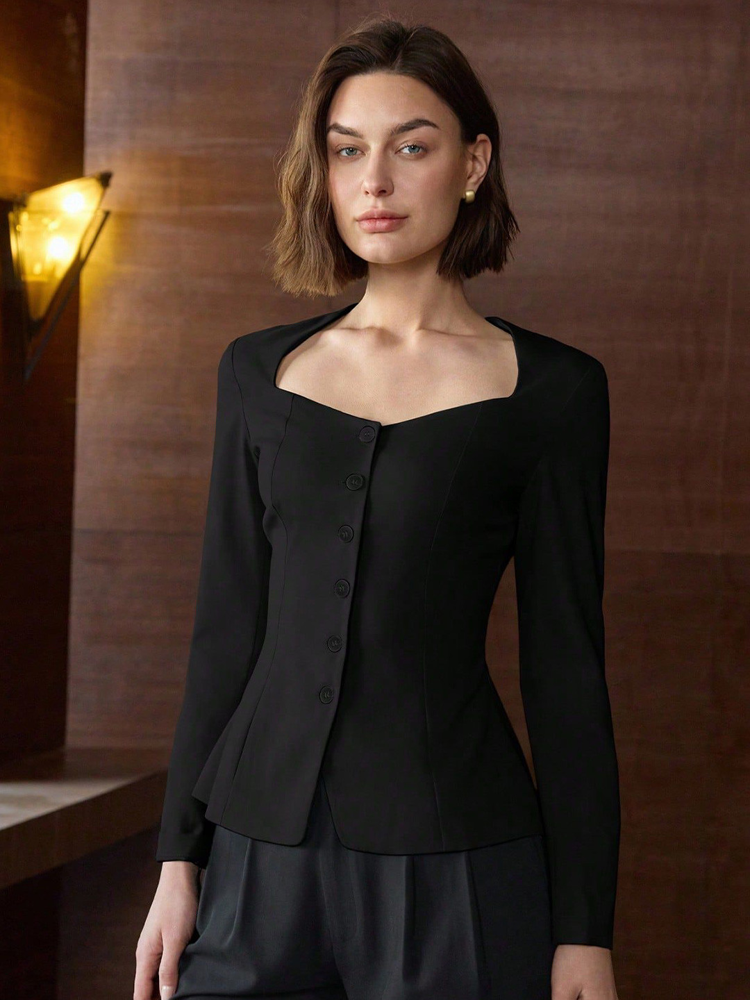 Outzidr Women Square Neck Long Sleeve Button Top