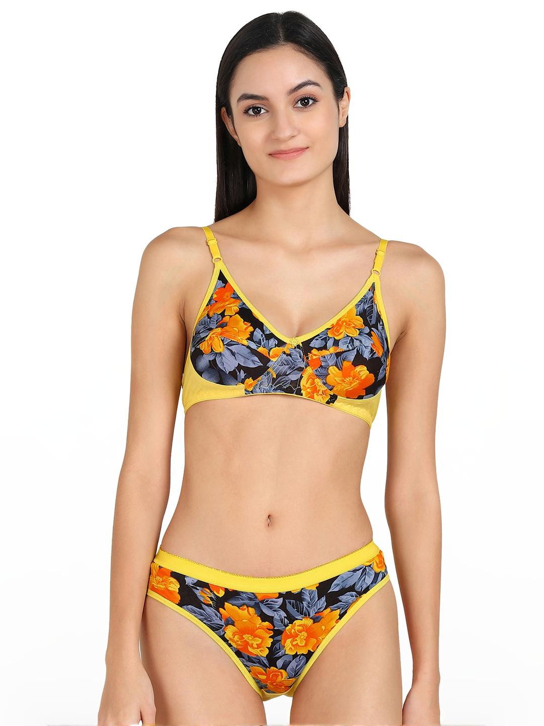 Women Yellow Cotton Bra Panty Set for Lingerie Set Undergarments Pack of 1