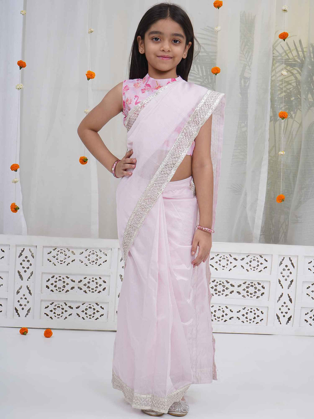 Little Bansi Girls Embellished Flamingo Blouse With Saree