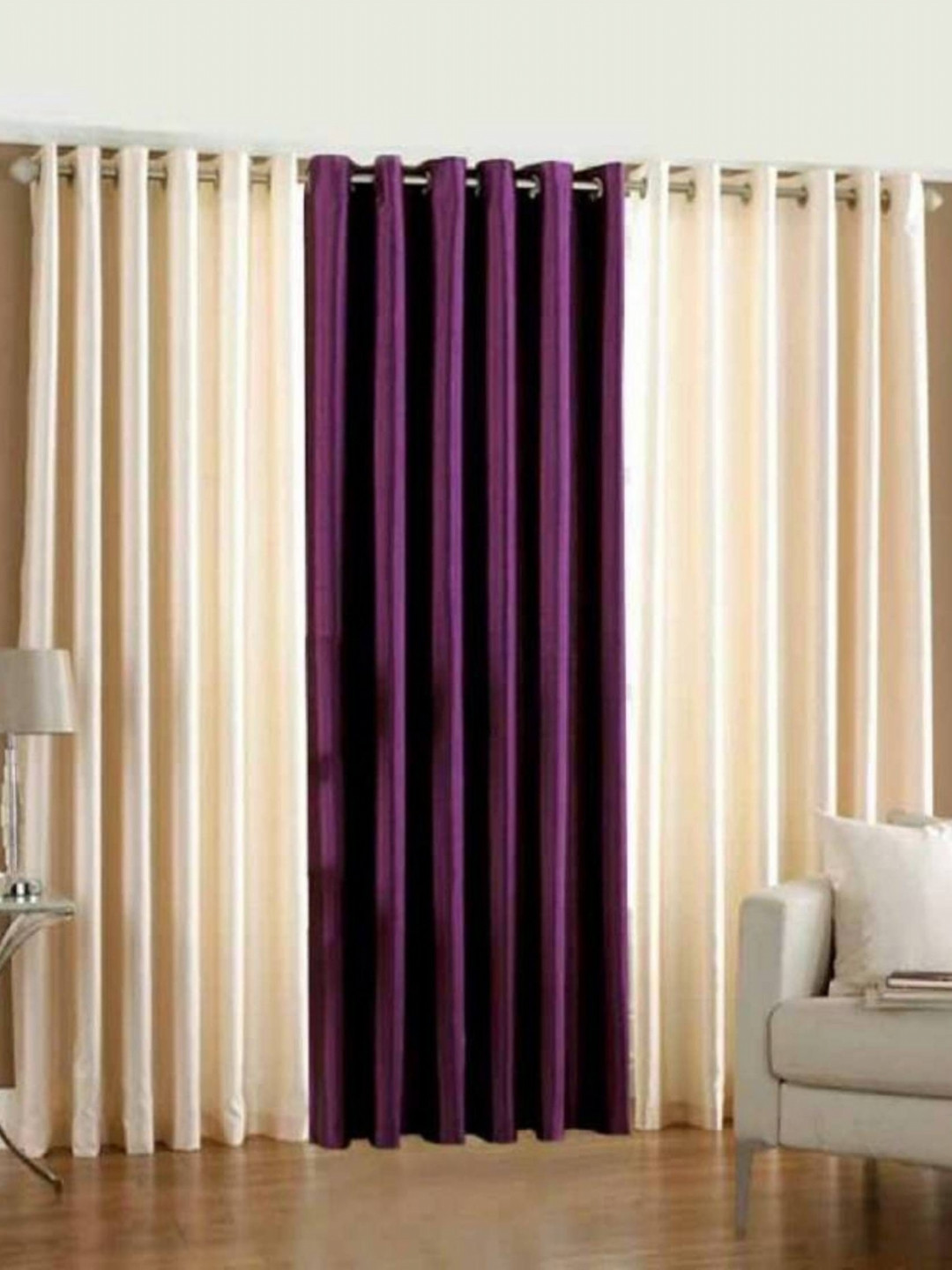 BELLA TRUE Cream & Purple 3 Pieces Eyelet Fitted Door Curtains
