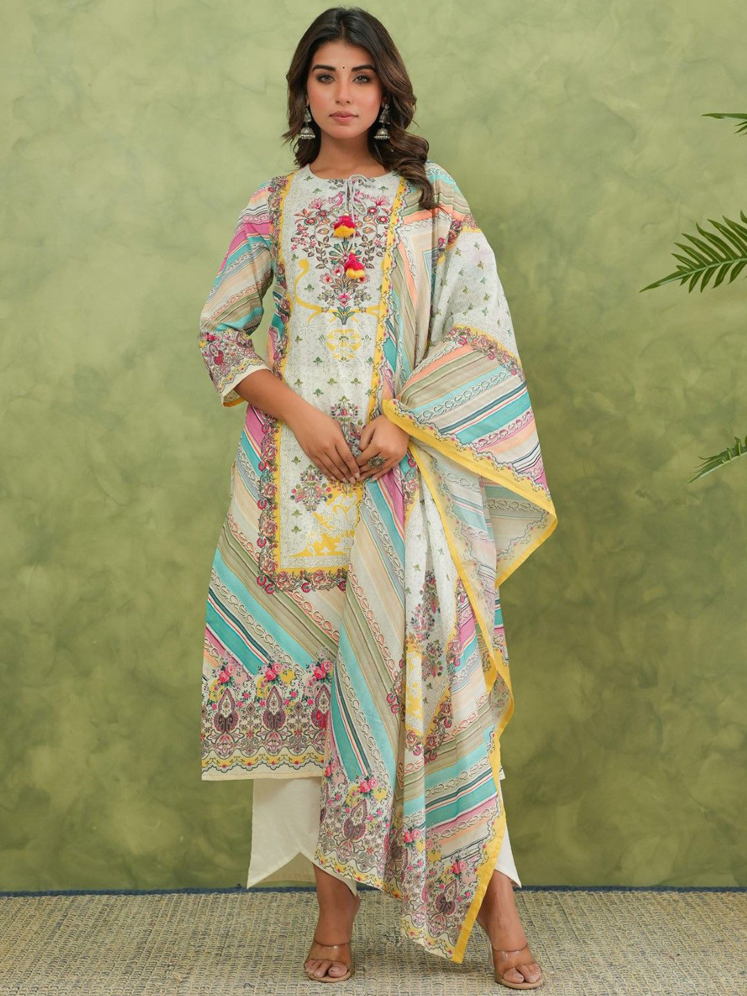 AUTUMN LANE Baga Hibis Ethnic Motifs Printed Pure Cotton Kurta With Trousers & Dupatta
