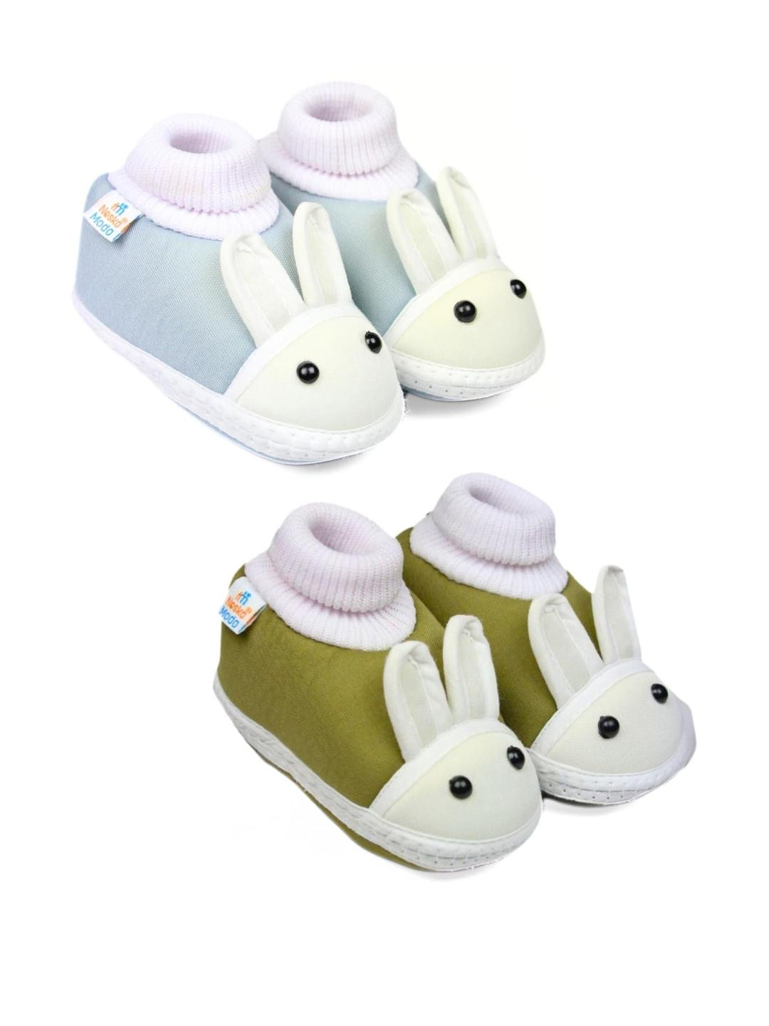 Neska Moda 3 To 12 Months Baby Boys & Baby Girls 2 Pair Combo Pack Cute Soft Cotton Rabbit Booties (Toe to Heel Length - 12 cm, Grey, Mehndi)