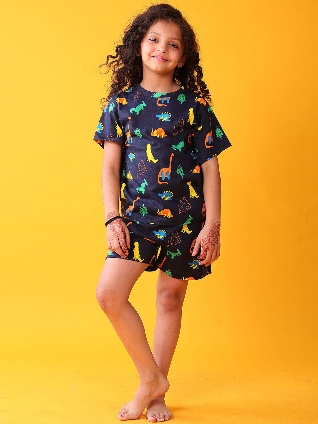 Anthrilo Kids Navy Blue Pure Cotton Dinosaur Fun Printed Sleep Wear Shorts Set Night suits