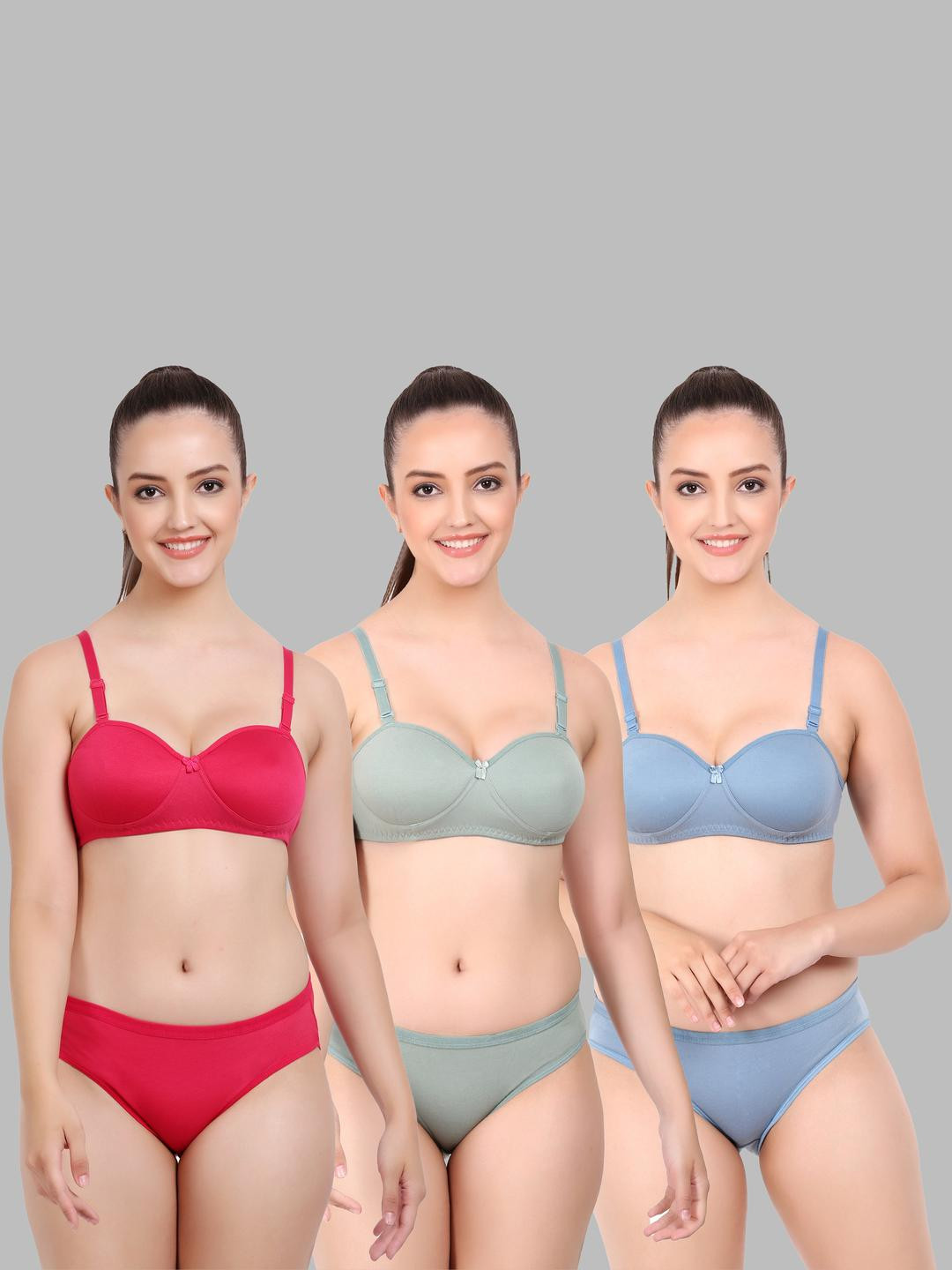 Women Red,Green,Blue Cotton Bra Panty Set for Lingerie Set Undergarments Pack of 3