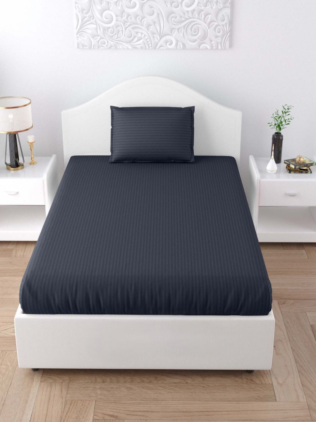 Bedbathandbliss Grey And Black Striped 300 TC Cotton Single Bedsheet Set 1.52m x 2.28m