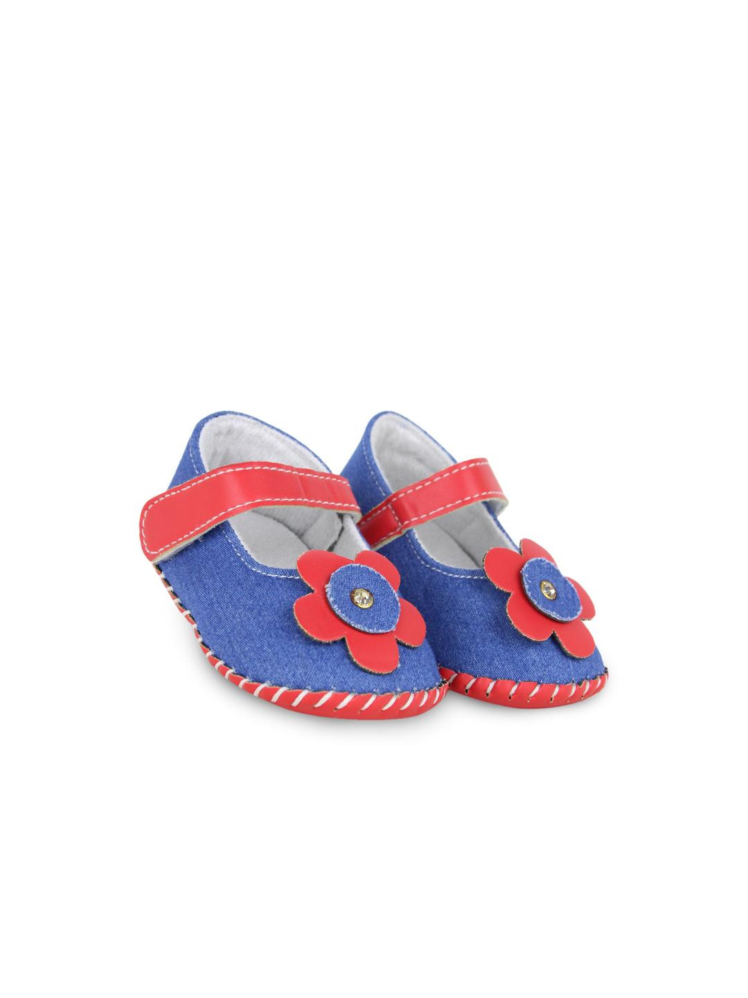 Neska Moda 6 To 12 Months Baby Girls Belly Shoe Denim Partywear Floral Soft Baby Sandal Booties (Toe to Heel Length - 12 cm, Red, Blue)