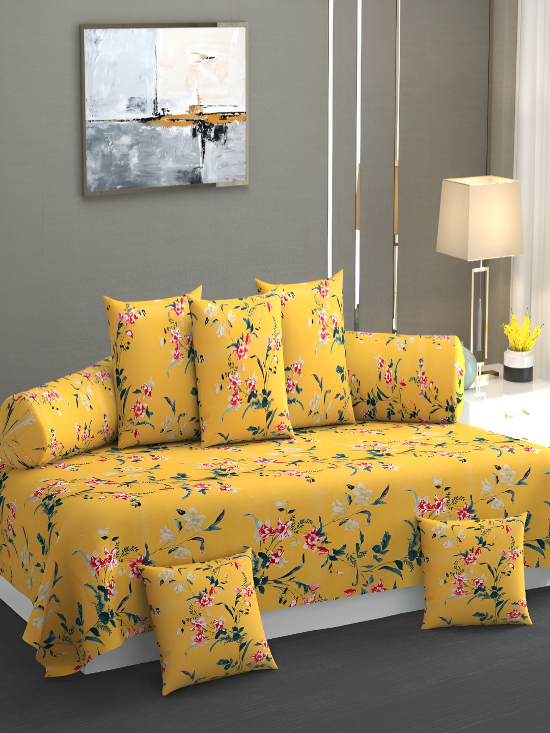 AMRANGE Yellow & Red 8 Pieces Floral Printed Diwan Set
