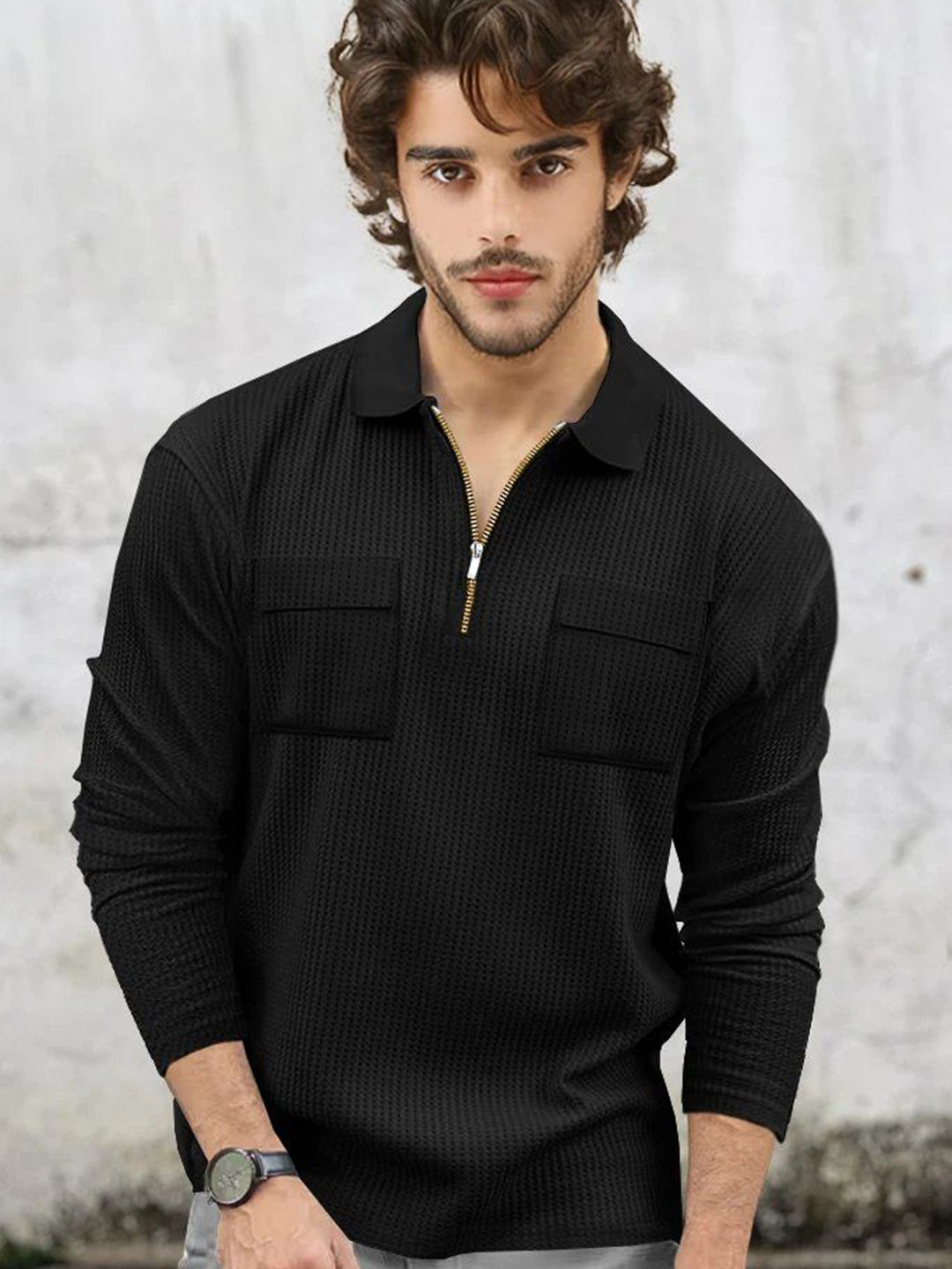 TRIPR Black Self Design Polo Collar T-shirt