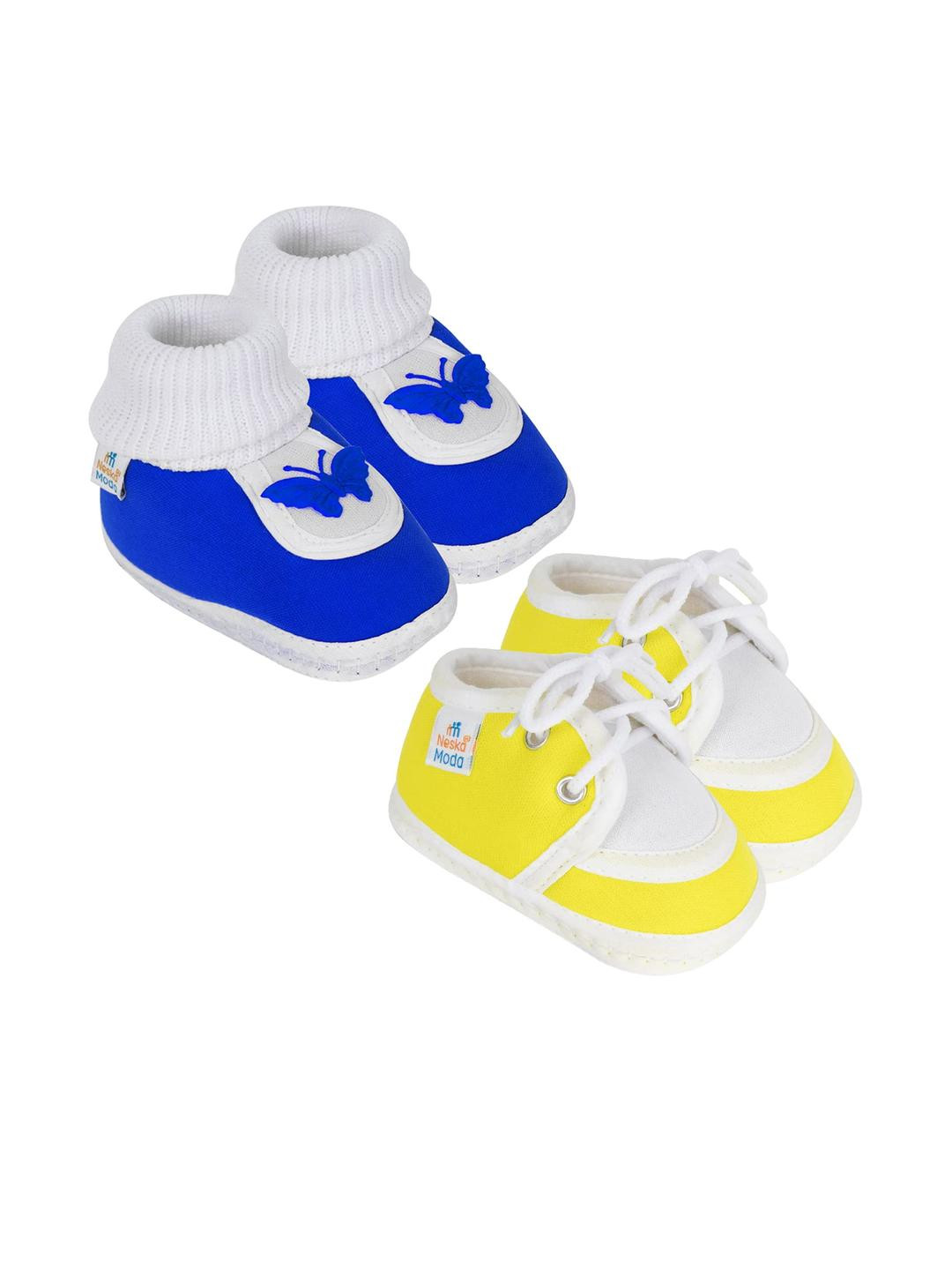 Neska Moda 3 To 12 Months 2 Pair Newborn Unisex Baby Skin Friendly Soft Cotton Lace Shoe Booties (Toe to Heel Length - 12 cm, Yellow,Blue)